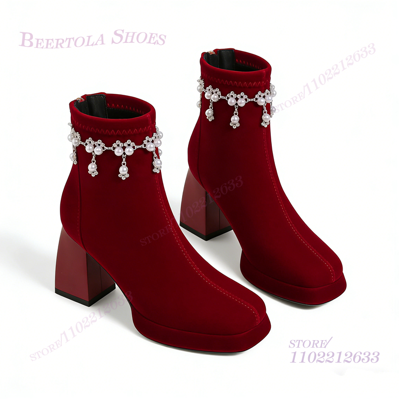 Women'S Shoes Burgundy - Dark Burgundy Velvet Ankle Tassel Crystal