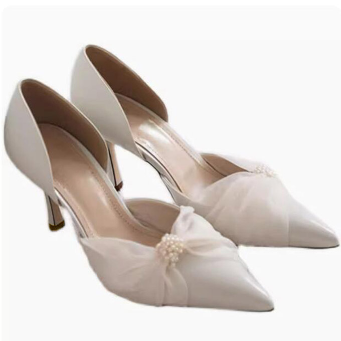 Women Shoes Size 4 In Cm - Beige White Pearl Strapped Mesh Bowtie